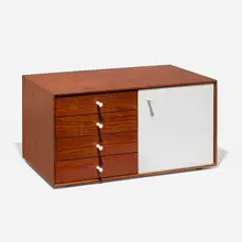 George Nelson & Associates, Miniature cabinet, model 5211, 1952, rosewood, lacquered wood, porcelain