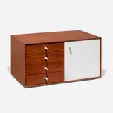 Miniature cabinet, model 5211 by George Nelson & Associates, 1952, rosewood, lacquered wood, porcelain, sold May 2025