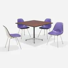 Charles and Ray Eames, Dining set, lacquered molded fiberglass, vinyl, zinc-plated steel, aluminum, lacquered steel, walnut veneer, rubber, plastic