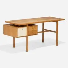 Milo Baughman, Desk, c. 1950, maple, laminate, brass
