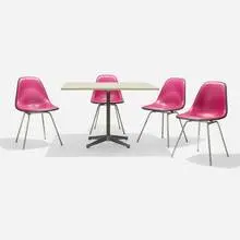Charles and Ray Eames, Dining set, lacquered molded fiberglass, vinyl, zinc-plated steel, aluminum, lacquered steel, laminate, rubber, plastic