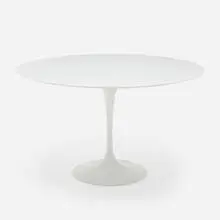 Tulip dining table, model 176 by Eero Saarinen, white glass, lacquered aluminum, sold May 2025