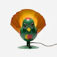 Woofle Bird lamp by Walter von Nessen, 1929, enameled brass, glass, sold May 2025