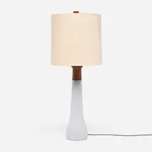 Table lamp, model 165-28 by Gordon and Jane Martz, c. 1955, glazed stoneware, walnut, linen shade, sold May 2025