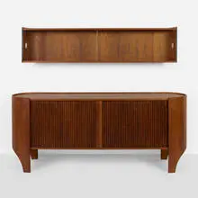 Henry P. Glass, Cylindra cabinet with wall-mounted hutch, 1966, walnut plywood, walnut, glass, lacquered walnut
