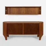 Henry P. Glass, Cylindra cabinet with wall-mounted hutch, 1966, walnut plywood, walnut, glass, lacquered walnut