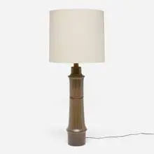 Table lamp, model 207-30 by Gordon and Jane Martz, c. 1955, glazed and incised stoneware, walnut, linen shade, sold May 2025