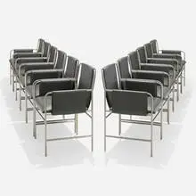Ward Bennett, Envelope chairs, set of twelve, 1966 / 2014, matte chrome-plated steel, leather