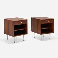 Thin Edge nightstands model 5207, pair by George Nelson & Associates, 1952, rosewood, enameled steel, aluminum, sold May 2025