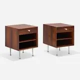 Thin Edge nightstands model 5207, pair by George Nelson & Associates, 1952, rosewood, enameled steel, aluminum, sold May 2025