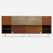 Thin Edge queen-size headboard by George Nelson & Associates, 1956, walnut, upholstery, aluminum, sold May 2025