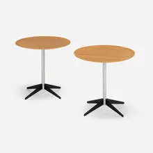Tray tables, pair by George Nelson & Associates, c. 1955, molded walnut plywood, matte chrome-plated steel, painted steel, sold May 2025
