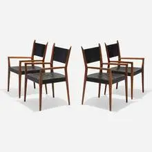 Irwin Collection dining chairs model 9002, set of four by Paul McCobb, 1952, walnut, leather, sold May 2025
