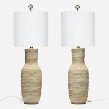Lee Rosen For Design Technics, Table lamps, pair, c. 1960, glazed and carved earthenware