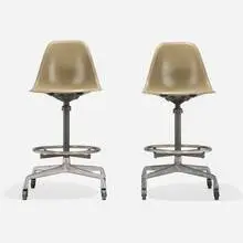 Charles and Ray Eames, Drafting stools model 622NS, pair, molded fiberglass, cast aluminum, lacquered steel, stainless steel