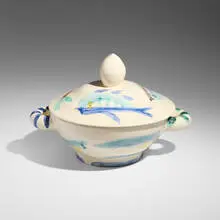 Service poisson by Pablo Picasso, 1947, white earthenware clay, decoration in engobes and oxides under glaze, sold Apr 2025