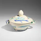 Service poisson by Pablo Picasso, 1947, white earthenware clay, decoration in engobes and oxides under glaze, sold Apr 2025