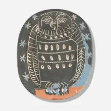 Hibou mat by Pablo Picasso, 1955, white earthenware clay, decoration in engobes, knife engraved, sold Apr 2025