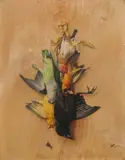 Eduard Quitton, Trompe L' Oeil with Birds, Oil on panel