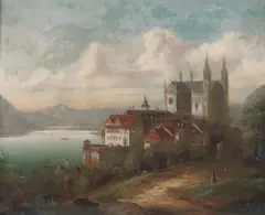 Castle by a Mountain Lake by Friedrich Wilhelm Jankowski, Oil on canvas, sold Feb 2008