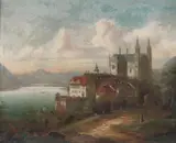 Friedrich Wilhelm Jankowski, Castle by a Mountain Lake, Oil on canvas