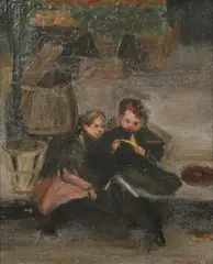 Mabell van der Hoof, Children Seated on Curb, Oil on canvas