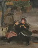 Mabell van der Hoof, Children Seated on Curb, Oil on canvas