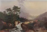 Untitled by American School, WESTERN MOUNTAIN LANDSCAPE WITH WATERFALLS AND ELK, oil on canvas, sold Feb 2008
