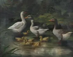 E.E. Morse, Family of Ducks in Pond, Oil on canvas