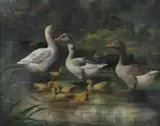 E.E. Morse, Family of Ducks in Pond, Oil on canvas