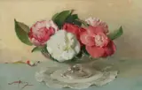 Alfred Georges Hoen, Pink and White Camellias in Glass Compote, Oil on canvas