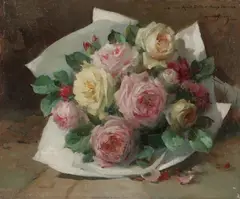 Alfred Georges Hoen, Pink and Yellow Rose Bouquet in Paper Wrap, Oil on canvas