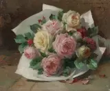 Alfred Georges Hoen, Pink and Yellow Rose Bouquet in Paper Wrap, Oil on canvas