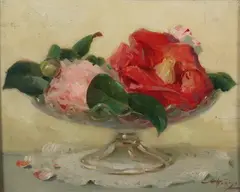 Alfred Georges Hoen, Two Camellias in Glass Compote, Oil on panel