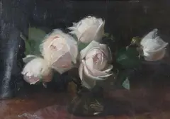 Alfred Georges Hoen, Five Rose Buds in a Vase, Oil on board
