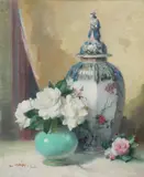 Alfred Georges Hoen, Chinese Ginger Jar with Camellias in Green Vase, Oil on canvas