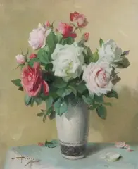 Alfred Georges Hoen, Rose Bouquet in White Vase, Oil on canvas