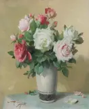Alfred Georges Hoen, Rose Bouquet in White Vase, Oil on canvas