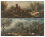 VEDUTE WITH RUINED CASTLE AND TRAVELLERS: TWO WORKS, one bearing stamp "AIAE" on reverse by Italian School, Oil on canvas, sold Feb 2008