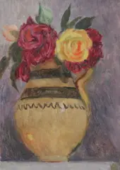 Vanessa Bell, ROSES IN A SPANISH POT, circa 1950, with the artist's estate stamp "VB" on the reverse, Oil on canvas