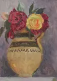 Vanessa Bell, ROSES IN A SPANISH POT, circa 1950, with the artist's estate stamp "VB" on the reverse, Oil on canvas