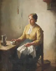 Woman with Cup and Pitcher by Bernard de Hoog, Oil on canvas, sold Feb 2008