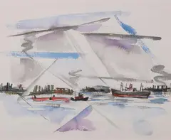 Cabot Lyford, Ships in a Harbor, Watercolor on paper