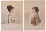 LADY AND GENTLEMAN OF THE FEDERAL PERIOD: TWO WORKS, initaled MHN (?) lower margins by American School, Watercolor on paper, offered Apr 2008