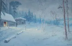 Gulbrand Sether, Winter Homestead, Watercolor and gouache on paper mounted on board