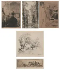 Eugene Delattre, At the Theatre; the Departure; Sleeping Peasant; Coup de Vent, Ducks, numbered 1st state in pencil lower left