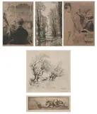 Eugene Delattre, At the Theatre; the Departure; Sleeping Peasant; Coup de Vent, Ducks, numbered 1st state in pencil lower left