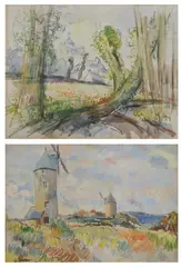 H. Delorme, CHURCH SEEN THROUGH TREES and WINDMILLS: TWO WORKS, the first signed and dated 1945 lower left, and the second signed lower left, Watercolor on paper - First, sight: 17 in. x 22 in.; second, sight: 13 in.x.19 in
