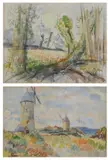 H. Delorme, CHURCH SEEN THROUGH TREES and WINDMILLS: TWO WORKS, the first signed and dated 1945 lower left, and the second signed lower left, Watercolor on paper - First, sight: 17 in. x 22 in.; second, sight: 13 in.x.19 in