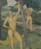 Two Nude Men in Garden by French School, Oil on panel, sold Apr 2008